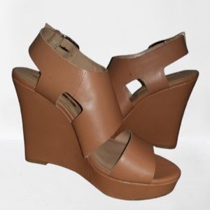 Audrey Brooke Megan Wedge Tan Leather Sandals 9M